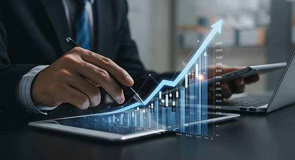 Business Growth Chart on Tablet with Person Analyzing Data Business Growth Chart
